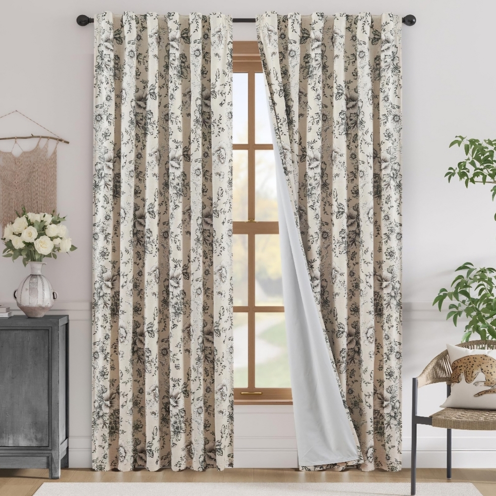Floral Patterned Curtains - Black on Tan